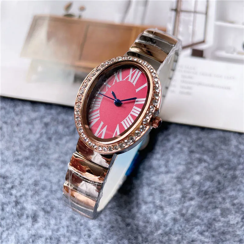 Marque de mode montres femmes fille cristal ovale chiffres arabes Style acier métal bande belle montre-bracelet C61305R