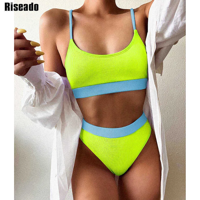Riseado Push Up Bikini High Waisted Swimwear Mulheres Swimsuit Mulheres Estrangada Sexy Set Retalhos Brasileira Biquini Verão 210722