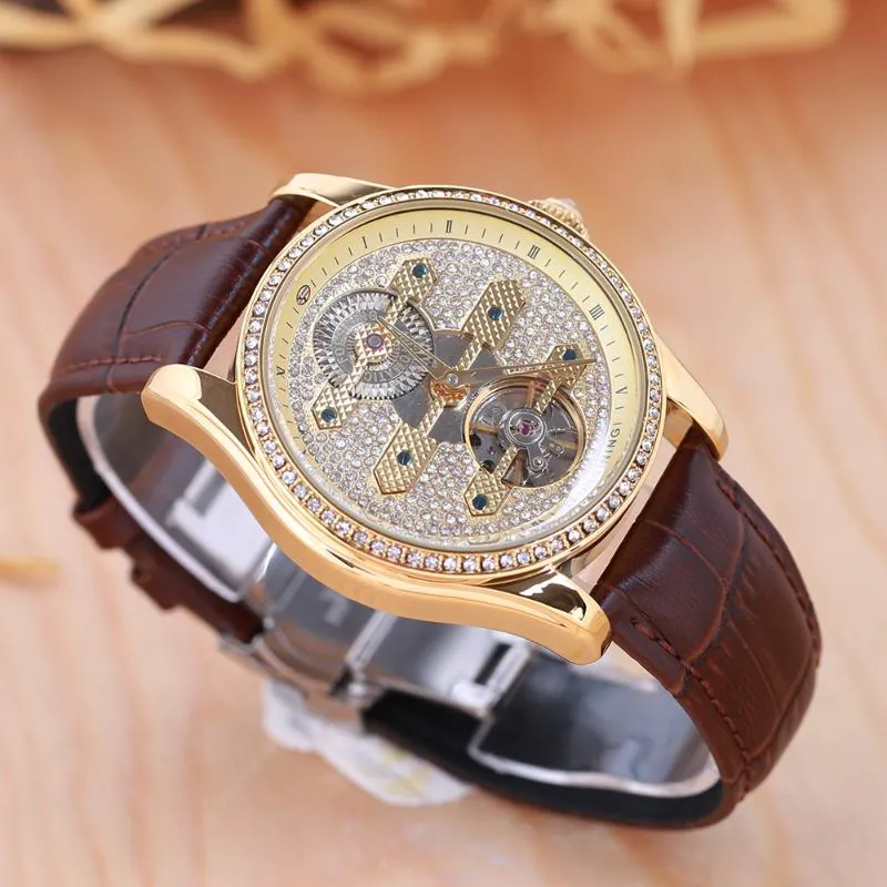 Forsining модные мужские часы с турбийоном и бриллиантами, коричневые водонепроницаемые мужские часы из натуральной кожи, автоматические наручные часы252Q