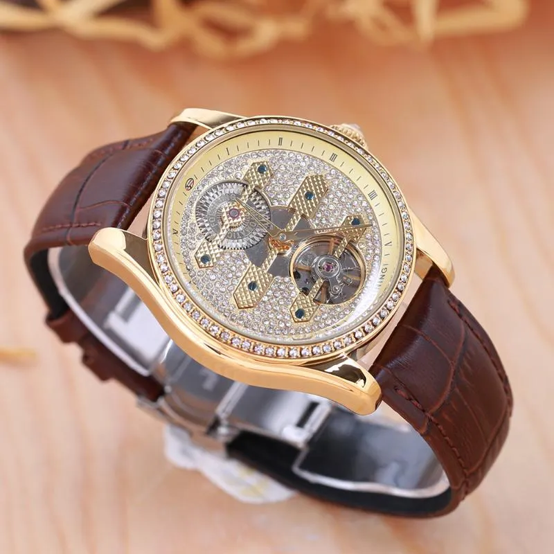 ForSining Fashion Diamond Tourbillion Display Brown äkta lädervatten motstår män titta på topp automatiska armbandsur334v