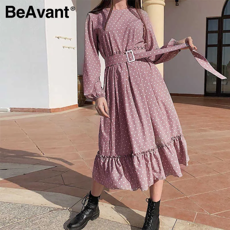 Beavant A-Line Różowy Sashes Długa sukienka Kobiety Potargane Polka Dot Elegancka Sukienka Office Lady Vintage Jesień Kobiet Party Vestido 210709