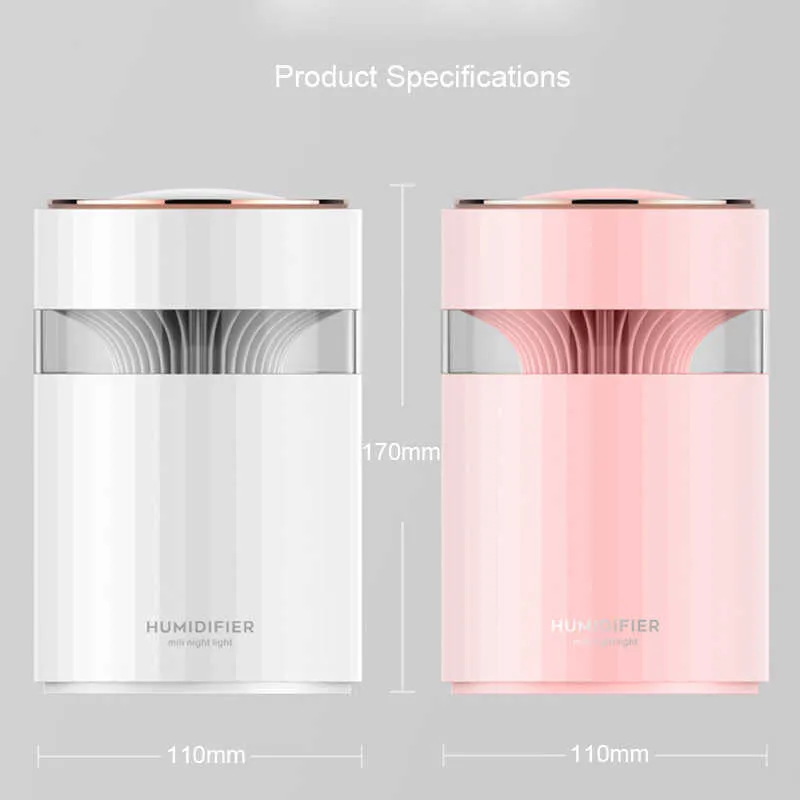 900ml Air Humidifier Diffuser Ultrasonic Double-spray USB Cool Mist Maker Fogger with LED Night Light for Home Office 210724