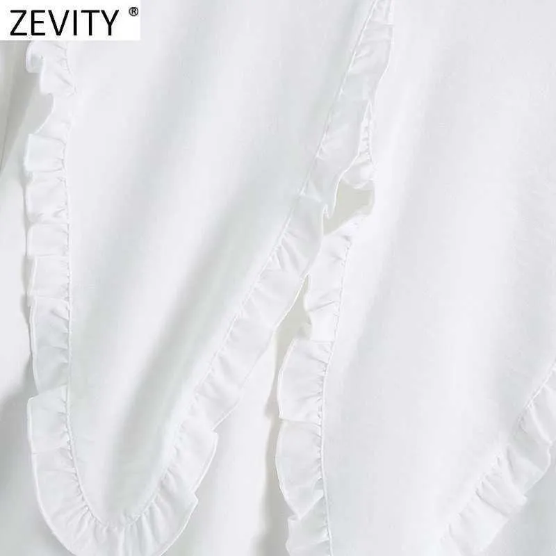 ZEVITY Kadınlar Yüksek Sokak Büyük Perter Pan Yaka Patchwork Beyaz Mini Gömlek Elbise Kadın Chic Agaric Dantel Ruffles Vestido DS8106 210603