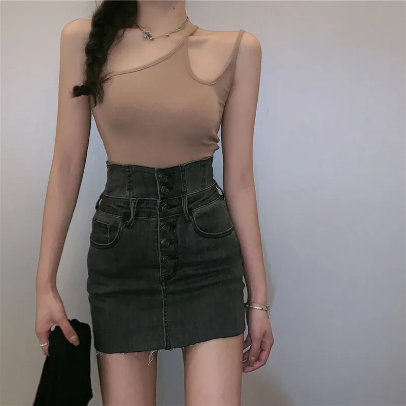 Lucyever Summer Sexy Bodycon High Taille Jupes Femmes Mode Slim Bouton Denim Jupes courtes Femme Solid Chic Mini Jupe 210521