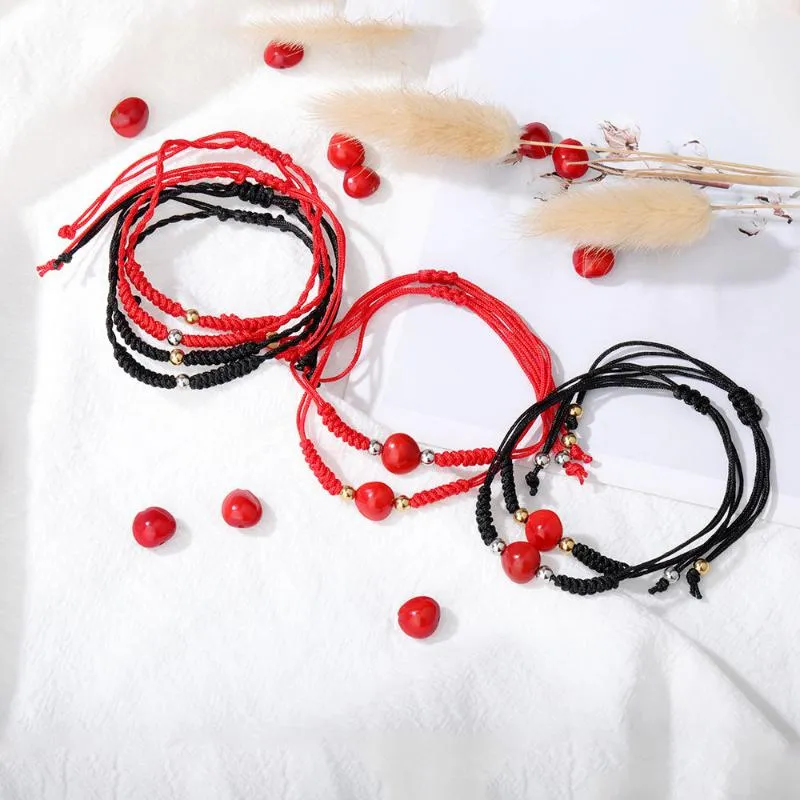Chaîne à maillons Simple Lovers Lucky Wish Bracelet en corde de haricot rouge pour les femmes à la main Bracelets à cordes noires Couples Bijoux de fête Cadeau F240v