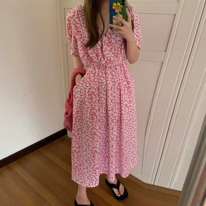 Korejpaa Women Dress Summer Korea Chic Sweet Print Elegant Floral V Neck Pocket Design Tie Waist Bubble Sleeve Long Vestido 210526