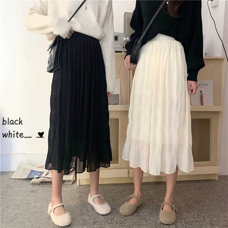 Skirts Women Slim A Line High Waist Pleated Black Chiffon Skirt Spring Mid Length Elegant Temperament Faldas Mujer Korean 210610