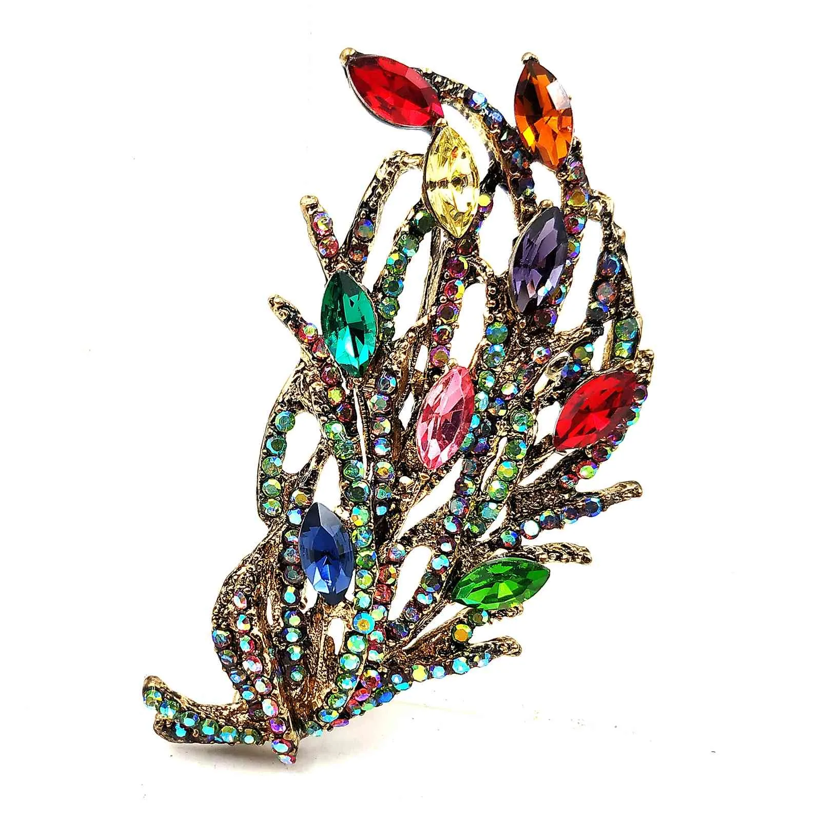Vintage Stylish AB Accent Multi Colored Rhinestone Statement Leaf Brooches Pins for Women Costume Dress Gown Suit Party Jewelry