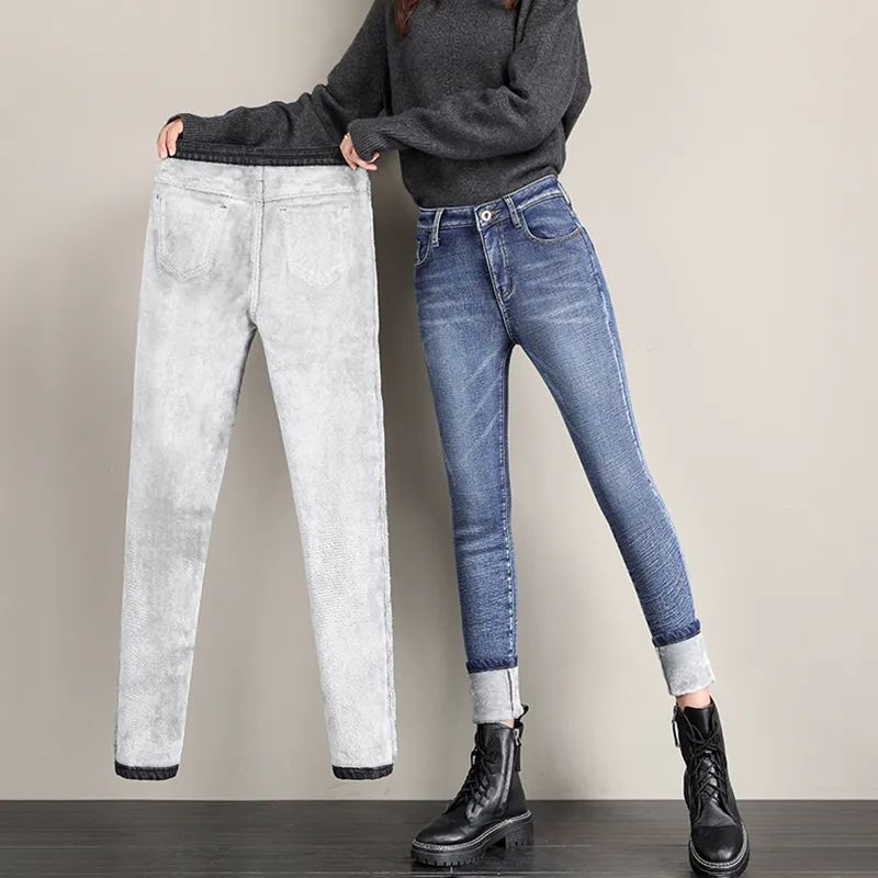 Wixra basique femmes jean crayon velours pantalon hiver Femme Streetwear Vintage bleu taille haute Femme Long Denim pantalon 220310