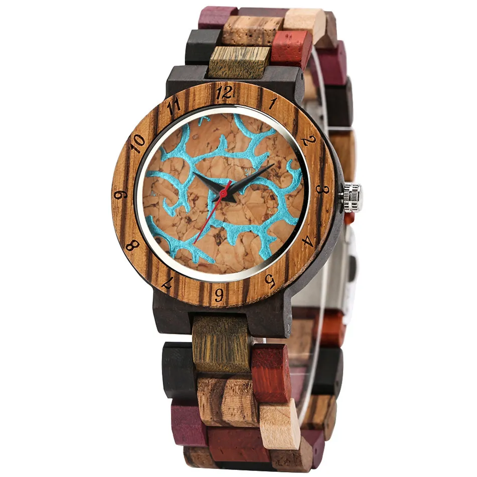 Full Wood Women Bracelet Blue Lava Dial Blandad Färg Träklocka Band Trend Lady Quartz Armbandsur Kvinna Timepiece