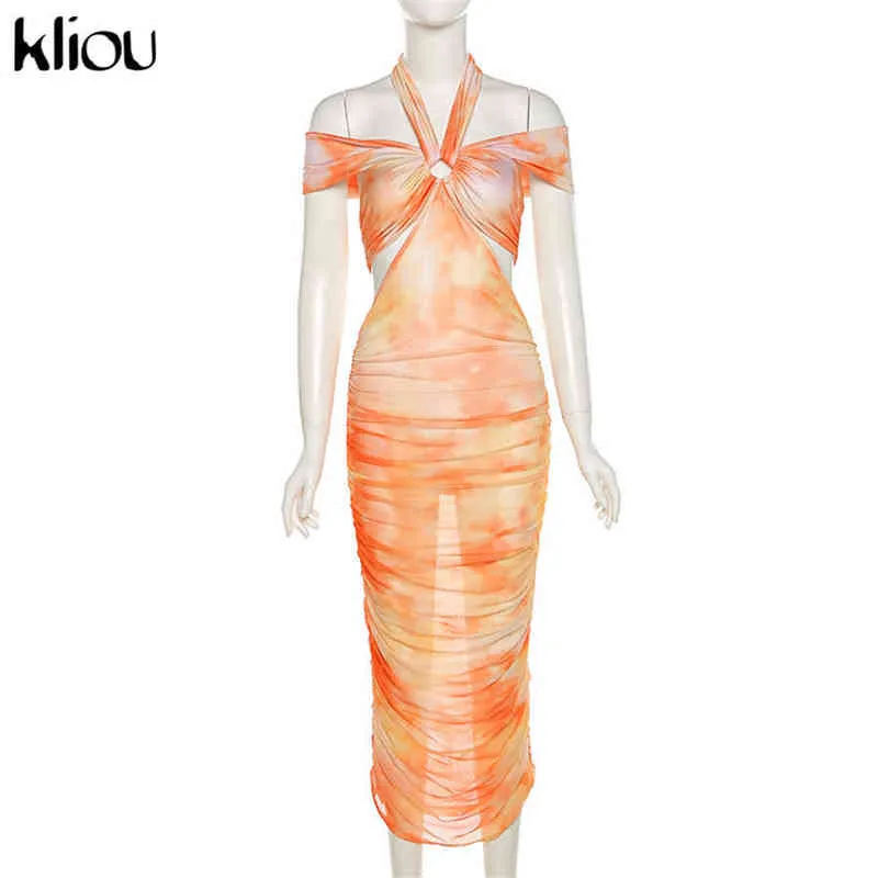 Kliou Imprimer Maxi Dress Femmes Sexy Criss Cross Sans Manches Cou Monté Bandage Dos Nu Midnight Party Beach Style Club Vêtements Y1204