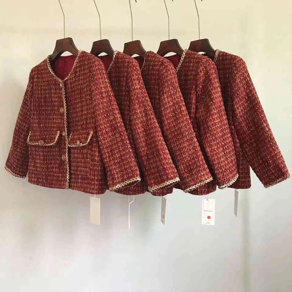 Outono inverno vintage tweed jaqueta casaco mulheres pequena fragrância xadrez tecer coreano casacos de lã fêmea outerwear 210514