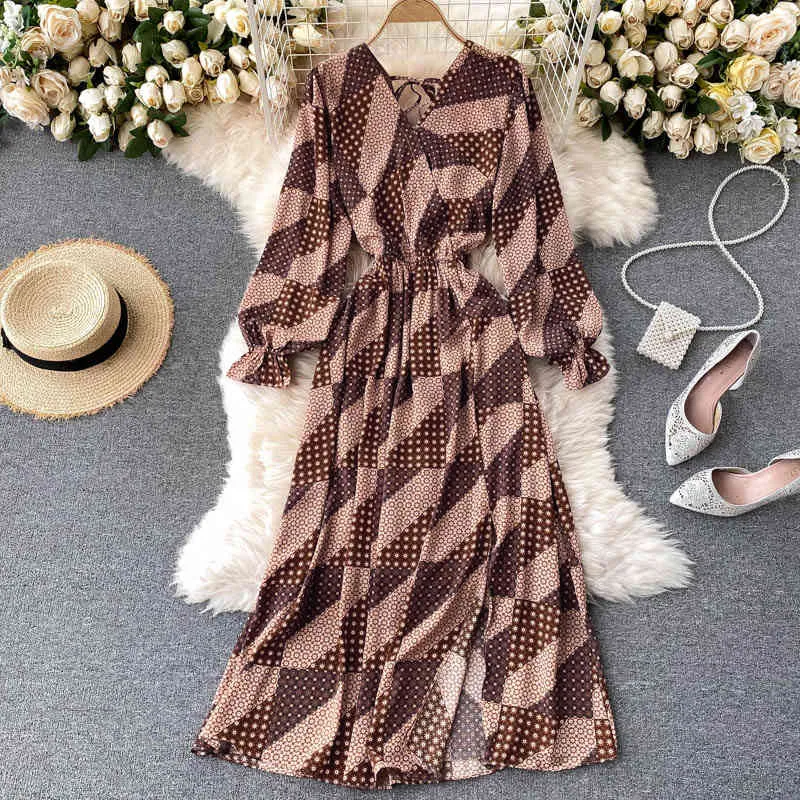 Franska våren Summer Women's Floral Chiffon Dress Femme Robe Long Sleeve Fashion Sexig Vneck Vintage Dress Korean kläder 210401