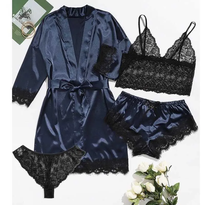 Dames Pajamas Set Sexy Dentelle Soutien-gorge Sous-gorge Peignoir Satin Stands Satin Service Home Silky Soft Soft confortable Robe Pajamas Q0706