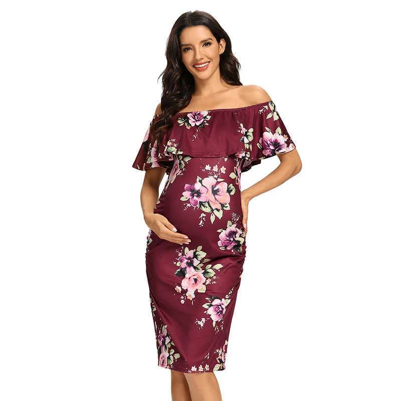 Vestido de maternidad con hombros descubiertos y volantes florales para mujer, ropa de embarazo sin mangas, vestido ajustado elegante para Baby Shower Y0924