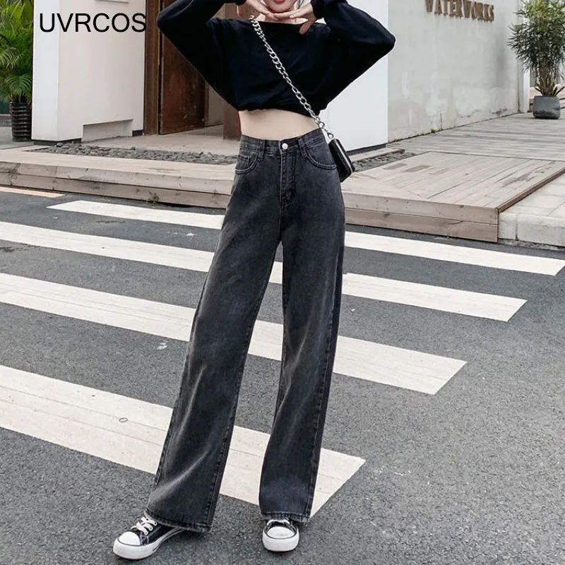Jeans femme rue décontracté taille haute Traf pantalon mode coréenne bleu clair droit coton lâche noir Y2k femme 220310
