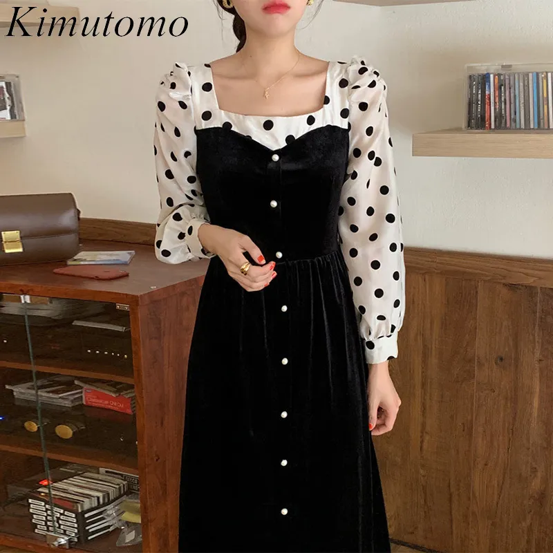 Kimutomo femmes robe élégante printemps automne corée Chic femme col carré point simple boutonnage faux deux pièces robes de velours 210521