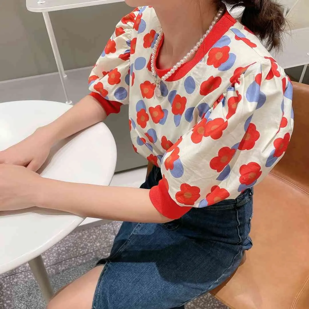 T-shirt con stampa floreale coreana estiva Top T-shirt con maniche a sbuffo da donna T-shirt da donna elegante vintage Femme 210514