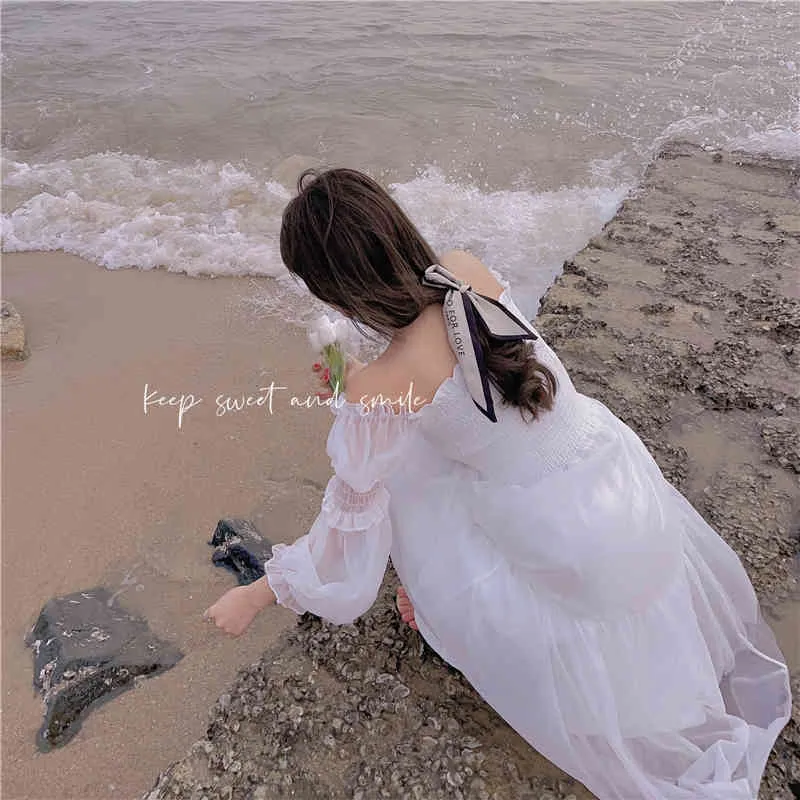 Summer Elegant Casual Fairy Dress Female Beach Dress Korean Chiffon Lace French Vintage Midi Dess Women Chic 210521