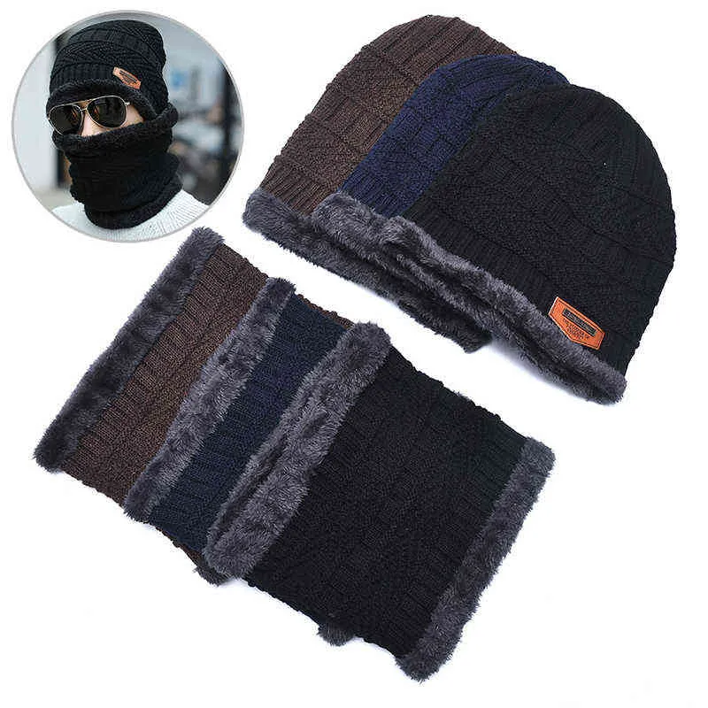 1 комплект Мужчины теплые чешуйки Beanie + мягкий шарф двухсекционный комплект зима утолщение шляпы мужские ветрозащитные вязальные колпачки шеи теплые Y21111