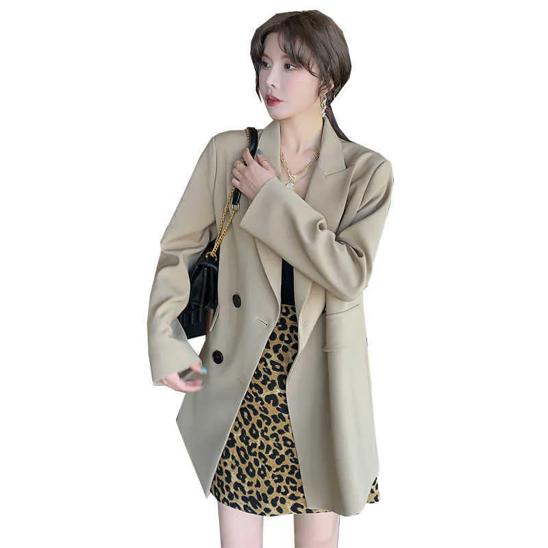 Stijl Plus Size Dames Hoogwaardige Lange mouwen Double-Breasted Damesjack Pak Mid-Length Elegant Office Blazer 210527