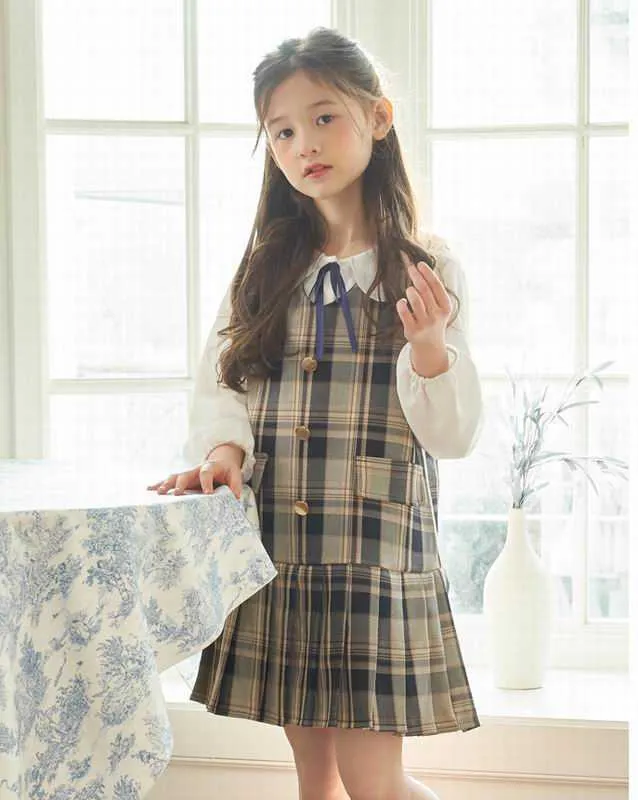 Teenage Girl Dress Suit Höst Vit Chiffon Blus + Plaid Vest Girls Kläder Ställ Barnkläder 4-12T E3533 210610