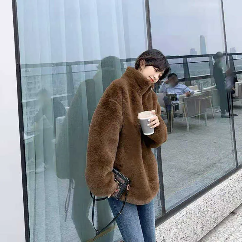 Dolcevita Felpa Furry Donna Inverno Casual Peluche Cappotto in pelliccia sintetica Vintage Spessa cerniera coreana Mantieni caldo Felpe con cappuccio Top 210925