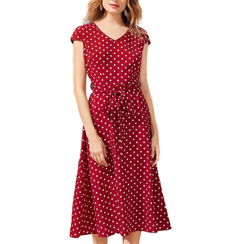 Vintage vermelho bolinhas mulheres vestido sexy v-pescoço de manga curta boho long midi praia senhora vestidos vestidos com cinto w267 210526