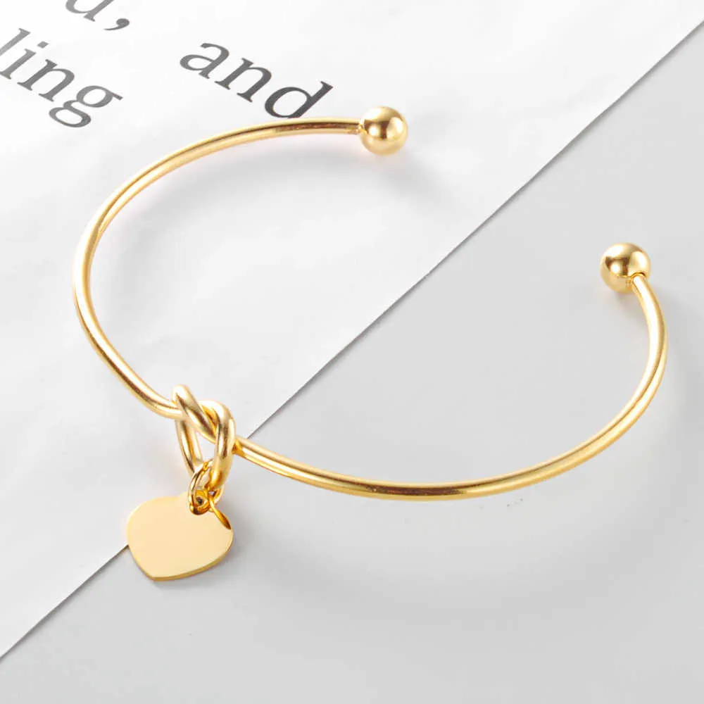 Stainless Steel Heart Knot Bangle with a Heart Pendant Open Cuff Wrist Bangles 2mm Thickness Banglle Q0719