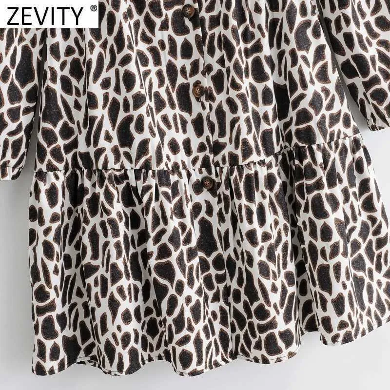 Zevity Donna Vintage Scollo a V Pelle di animale Stampa Pieghe Mini abito Femme Manica a sbuffo Petto Casual Chic Ruffle Vestido DS4677 210603