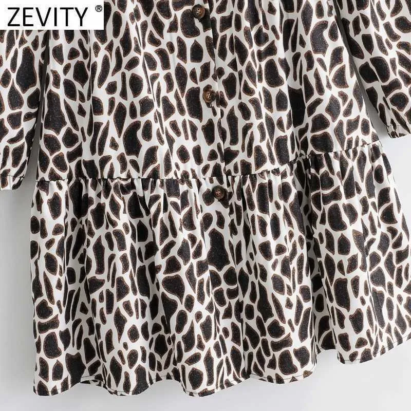 Zevity femmes Vintage col en V peau d'animal imprimé plis Mini robe Femme manches bouffantes boutonnage décontracté Chic à volants Vestido DS4677 210603