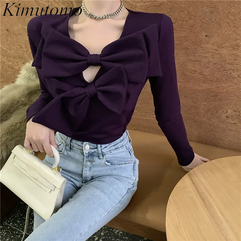 Kimutomo Vintage Bow T-shirt Kvinnor Hong Kong Style Spring Fashion Kvinna V-Neck Slim Långärmad Top Ladies Elegant 210521