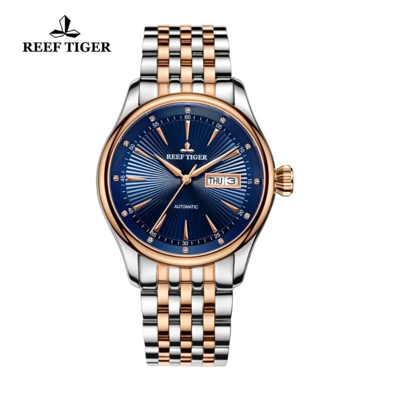 Reef Tiger RT Classic Prorok Luksusowy sukienka Watch Blue Dial Dwukrotnie obudowa męskie automatyczne RGA8232 WristWatches219i