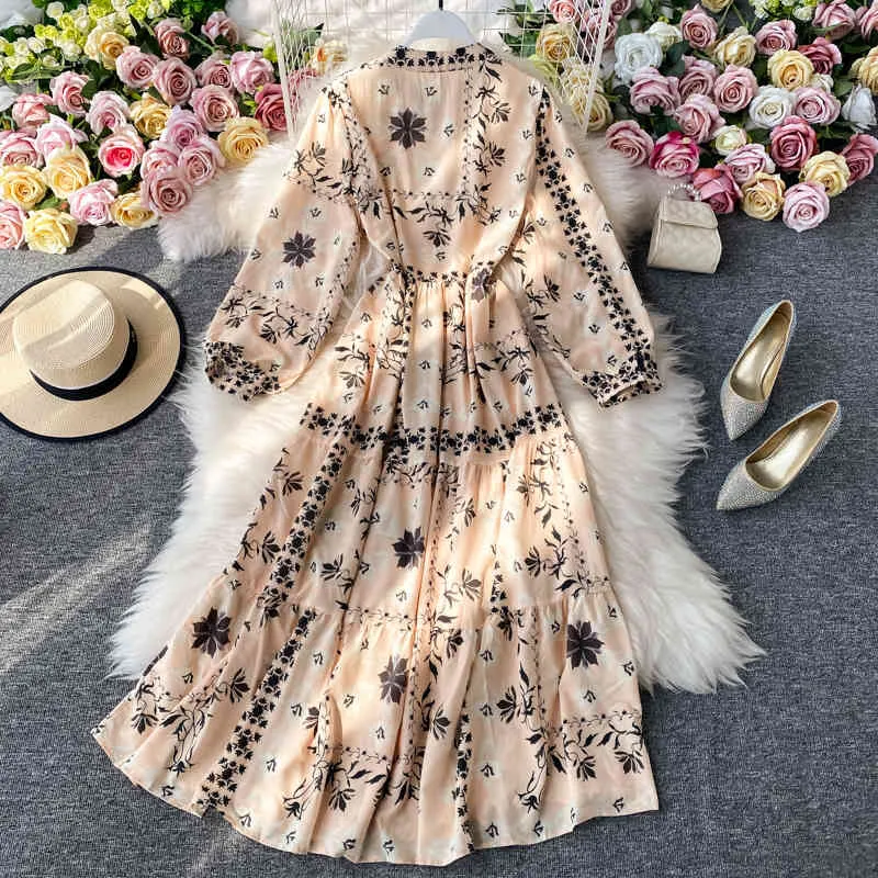 Women's Spring Autumn Dress Korean Retro Style Print Long Sleeve Slim Stand Collar Female es QX898 210507