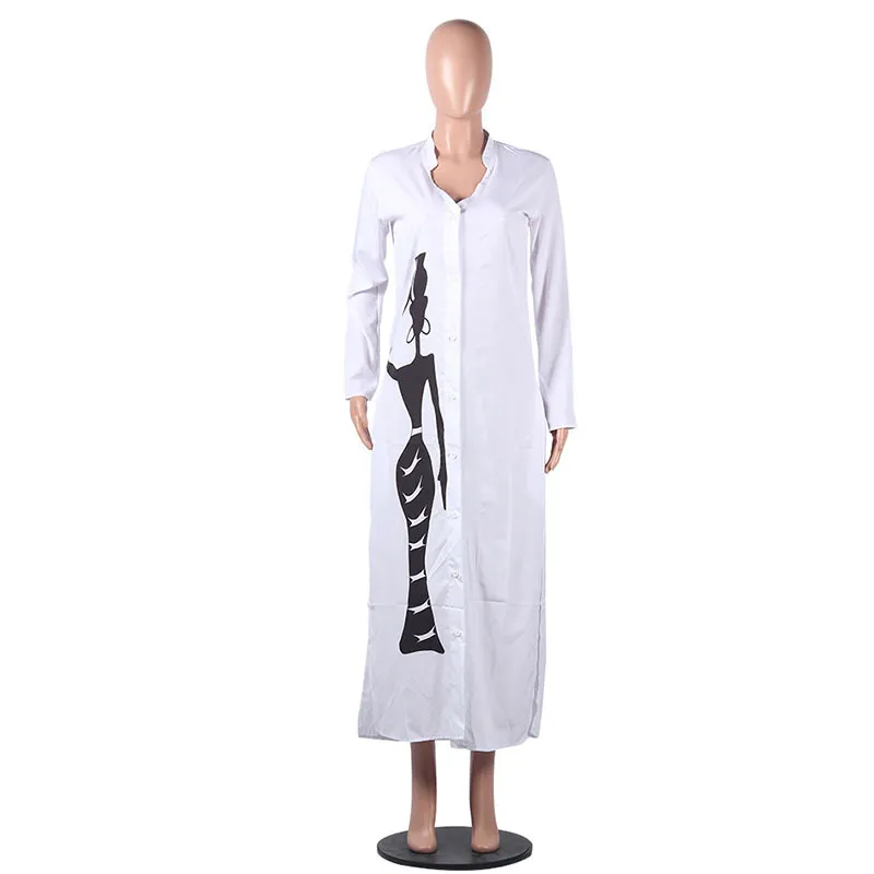 Kobiety Z Długim Rękawem Wydruk Koszula Sukienka Jesień V-Neck Kieszenie Maxi Sundress Girls Side Split Luźna Długa Dress Vestidos X0521
