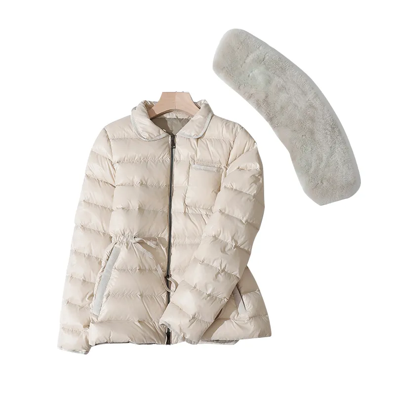 Winter Large Natural Rabbit's Hair Duck Down Jacket Women Ultra Light 90% White Parka Sash Tie Up Warm Coats 210423