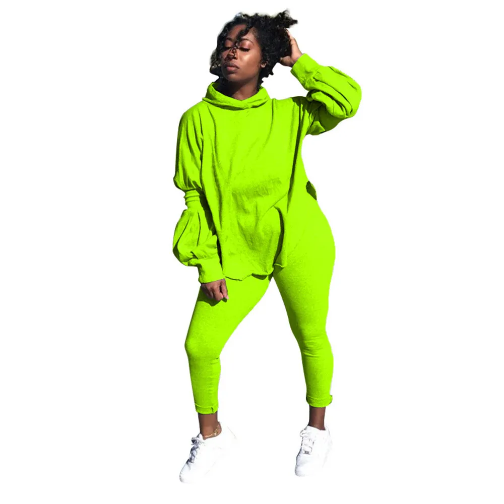 Neon Green Orange Sporty Tracksuit Kvinnors Set Lantern Sleeve Hooded Loose Toppar och Byxor Byxor Höst Casual Outfits 210525