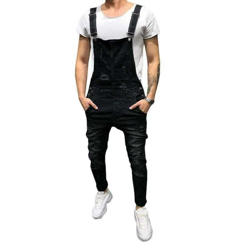 Jeans denim strappati da uomo Moda uomo Primavera Autunno Salopette Salopette Pantaloni Tuta Pantaloni casual 211108