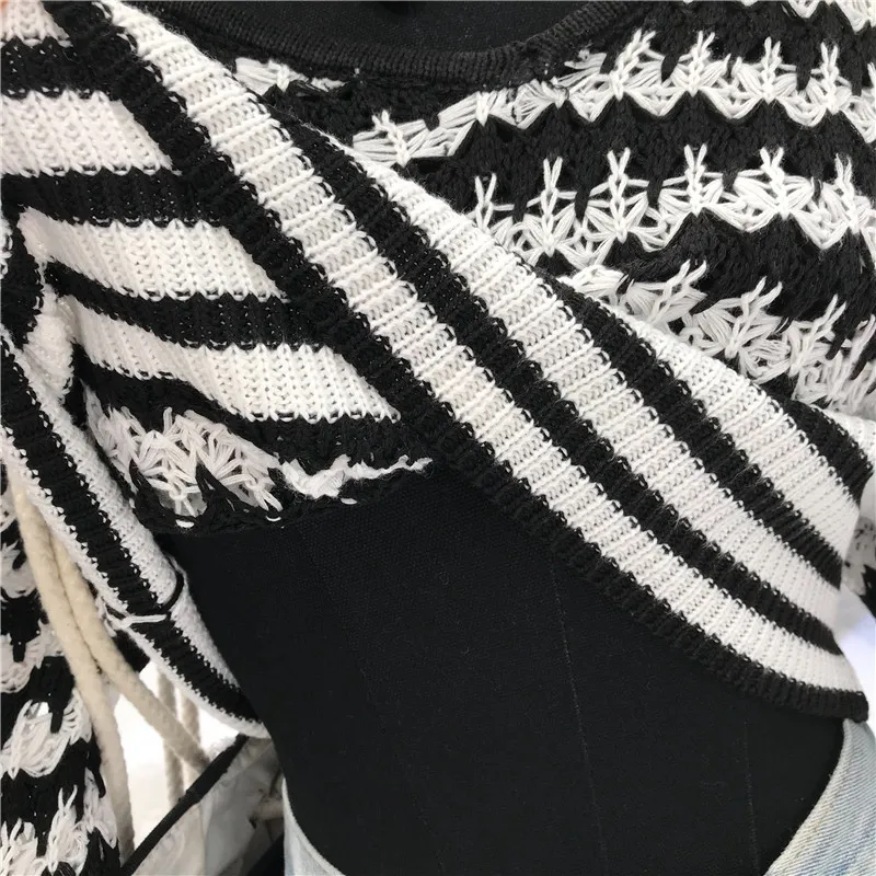 Kvinnor Tröja V-Neck Striped Tryckt Lantern Sleeve Stickad Pullover Femme Vår Höst Svart Lös Oversize Knitwear Crop Top 210514