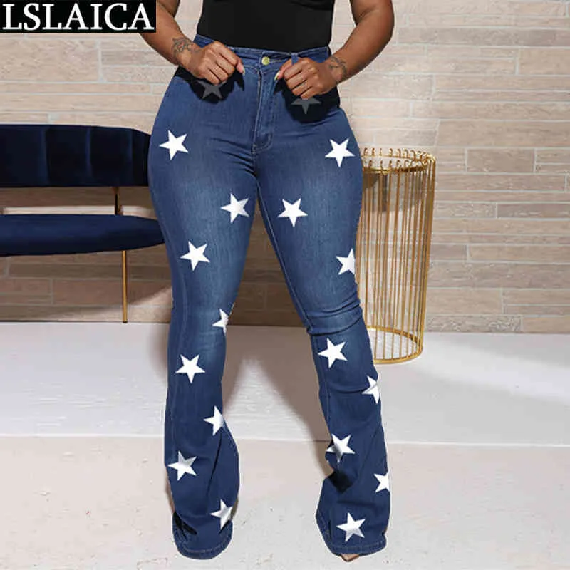 Moda Denim Kadın Pantolon Yüksek Bel Yıldız Baskı Kadın Flare Güz Kadın Kot Streetwear Artı Boyutu Uzun Pantolon 210520