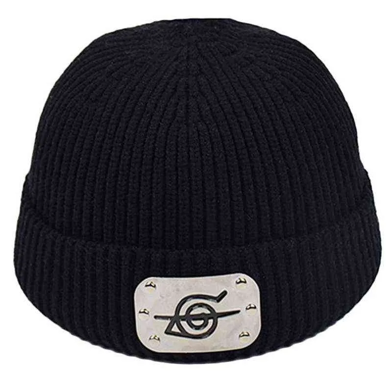 Japanese Unisex Ribbed Knit Warm Beanie Hat Japanese Anime Metal Plate Solid Color Hip Hop Stretch Cuffed Skull Cap Y21111
