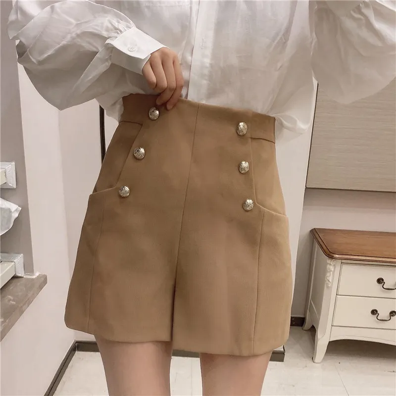BLSQR Mode Bouton Décoration Shorts Femmes Vintage Taille Haute Taille Fermeture À Glissière Femelle Pantalon Court Mujer 210430