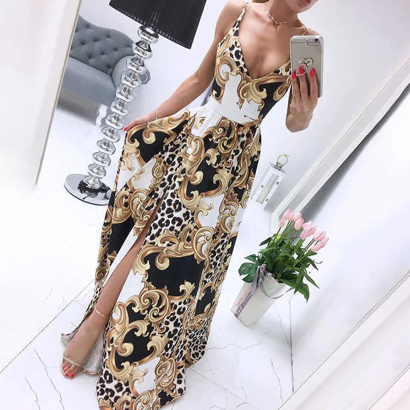 ファッションスリムシースドレスvestidos Club LeopardプリントVネックナイトアウトパーティーセクシーマキシドレスY1006