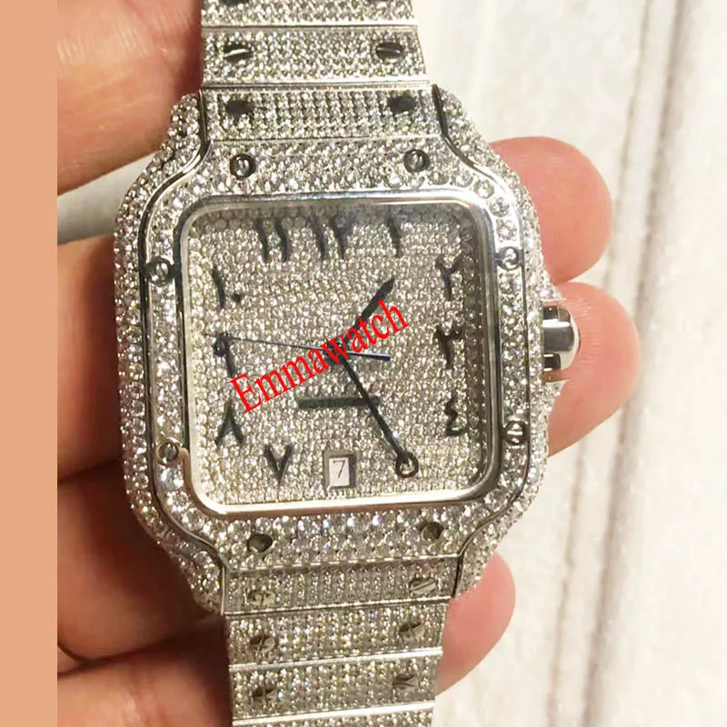 Orologio in oro rosa misto argento zirconi con diamanti numeri romani lusso MISSFOX quadrato meccanico da uomo orologi completamente ghiacciati Cub318e