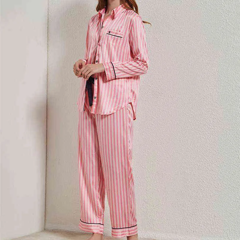 Winter-Pyjama-Sets für Frauen, sexy Streifen, Satin-Pyjamas, 2-teiliges Set, elegante Luxus-Mode, Loungewear, Homewear, Weihnachtsgeschenk 211112