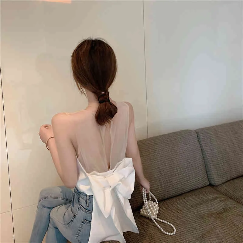 여름 세련된 한국어 넥 민소매 백리스 나비 메쉬 티셔츠 여성 패치 워크 패션 섹시한 자르기 탑스 밖으로 달콤한 우아한 210429