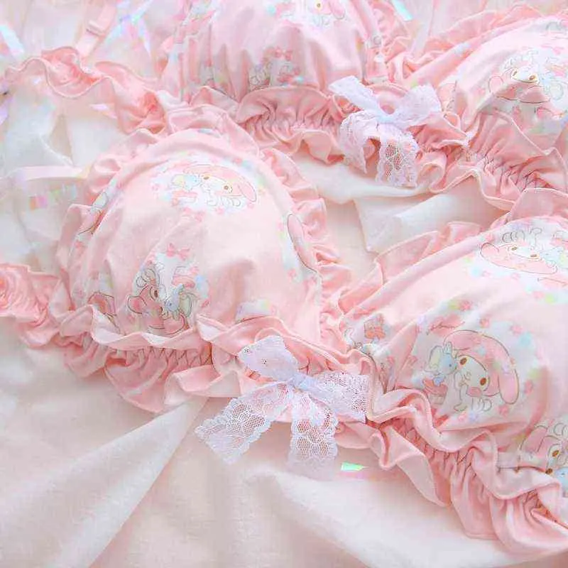 Nxy sexy set lolita vrouwen schattige melk ruche anime print bh slipje lingerie set japanse meisje s slips ondergoed lovely roze 1128