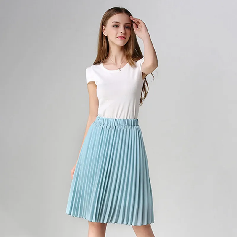 Solid Pleated Skirts For Women Summer New Korean Style Knee Length High Waist School Sun Skirt Chiffon Women's Mini Skirt 210415