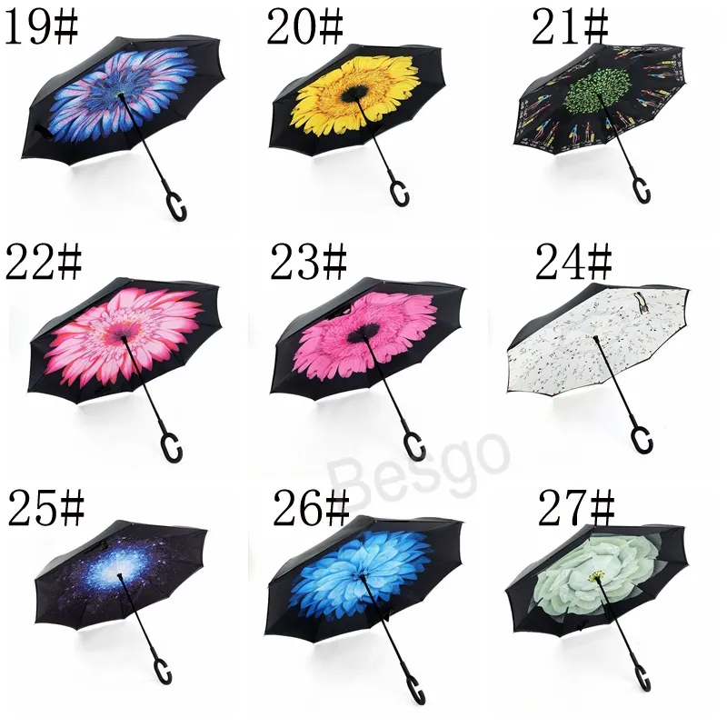 Dubbelskikt inverterat paraplyer omvänd vindtätt soligt paraply med C-handtag Unisex Bend Handles Paraply Portable Rain Gear BH6125 TYJ