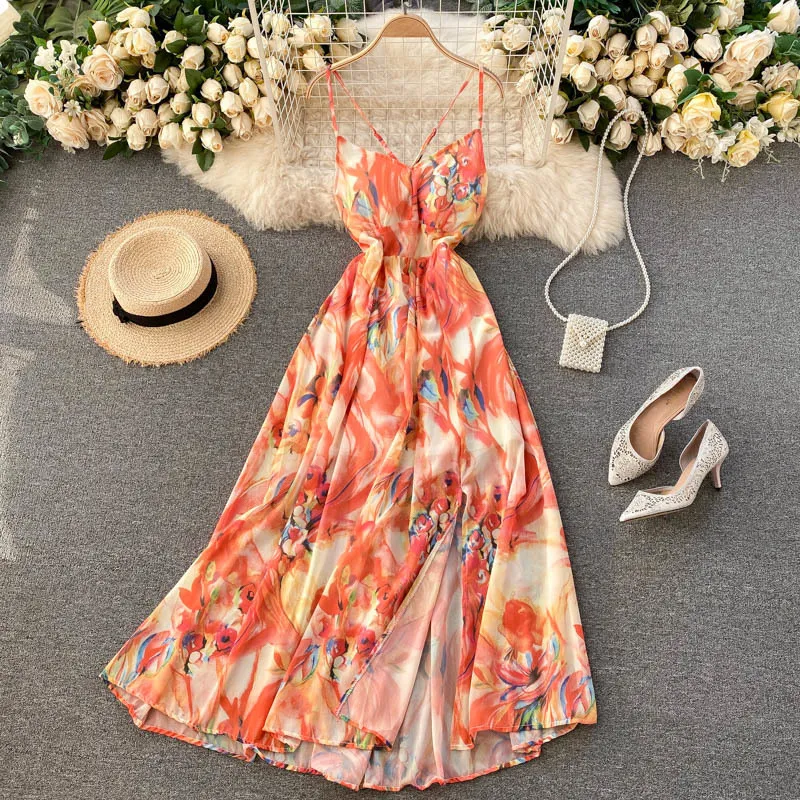 Summer Sexy Women Spaghetti Strap Backless Strapless Long Dress Casual Floral Print Split Beach Fairy 210423